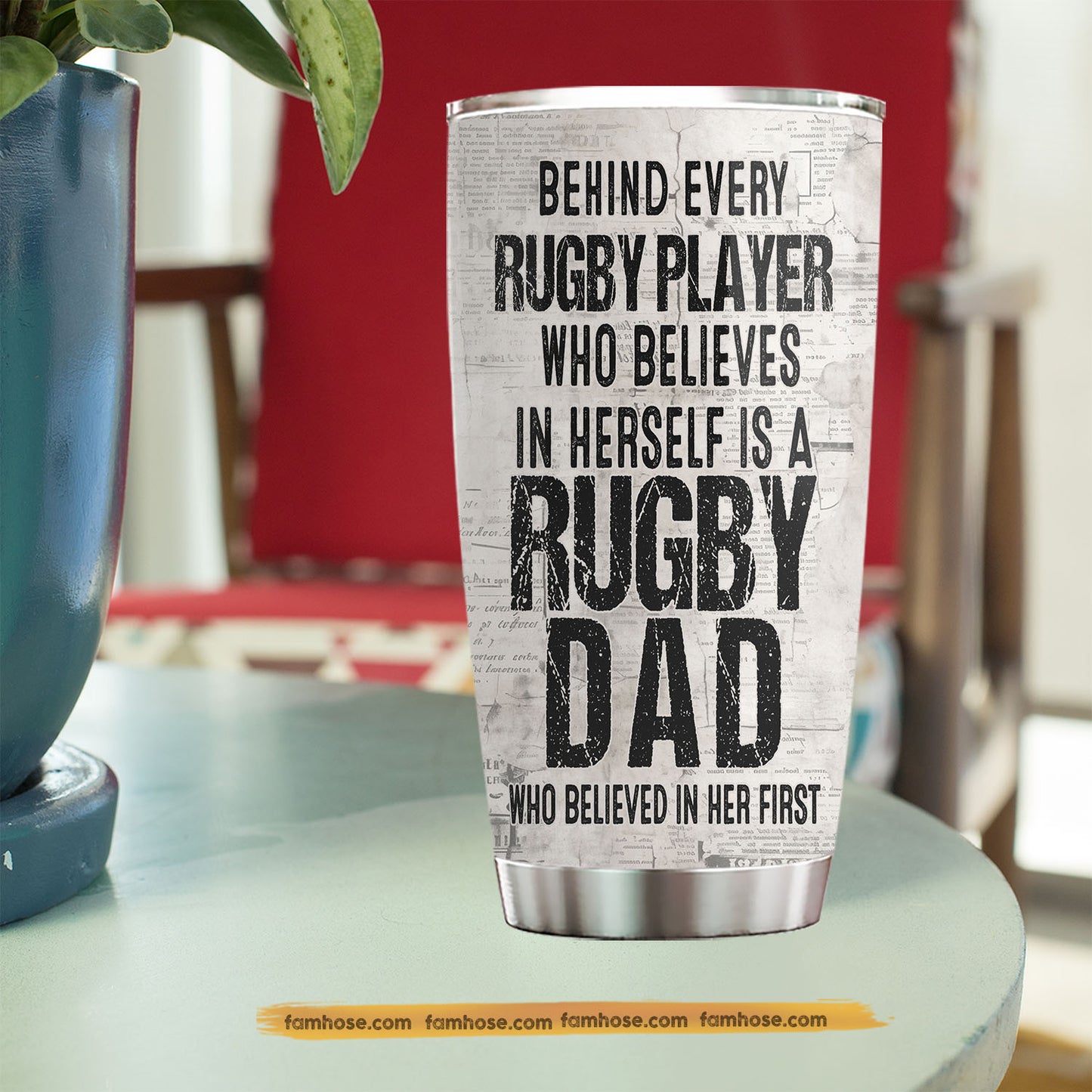 Personalized Rugby Dad Daughter Tumbler, Behind Every Rugby Player Sports Stainless Steel Tumbler, Travel Mug Tumblers Father's Day Gift For Rugby Lover