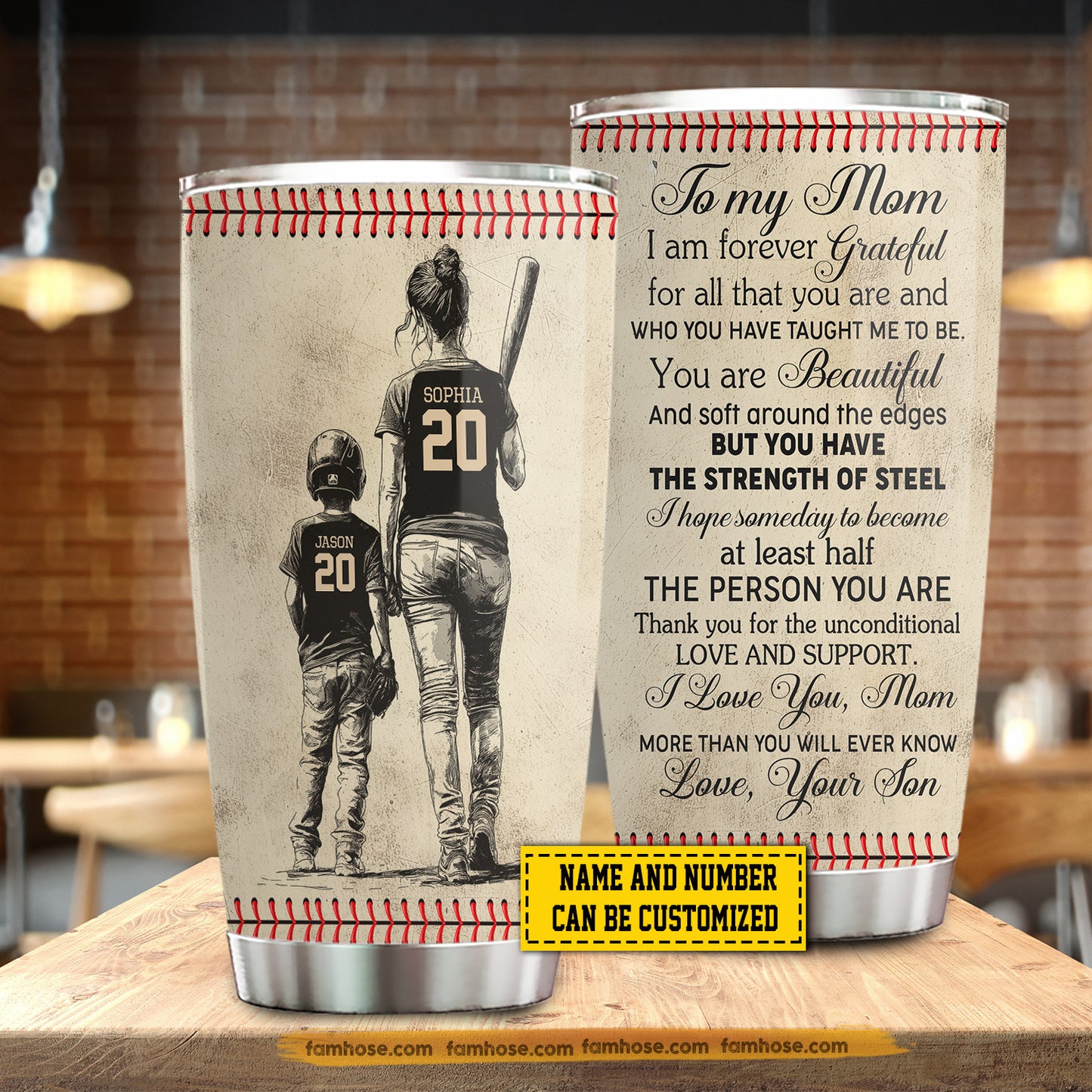 Personalized Baseball Mom & Son Stainless Steel Tumbler, To My Mom I Am Forever Grateful Sport Travel Mug Tumblers Mother's Day Gift For Mom From Baseball Boy