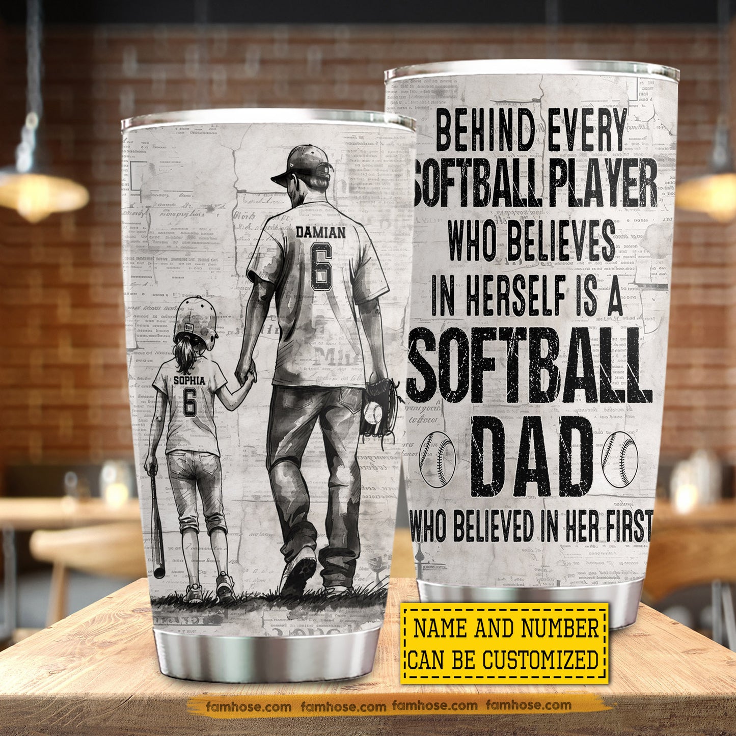 Personalized Softball Dad Daughter Tumbler, Behind Every Softball Player Sport Stainless Steel Tumbler, Travel Mug Tumblers Father's Day Gift For Softball Lover