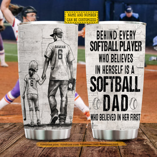 Personalized Softball Dad Daughter Tumbler, Behind Every Softball Player Sport Stainless Steel Tumbler, Travel Mug Tumblers Father's Day Gift For Softball Lover