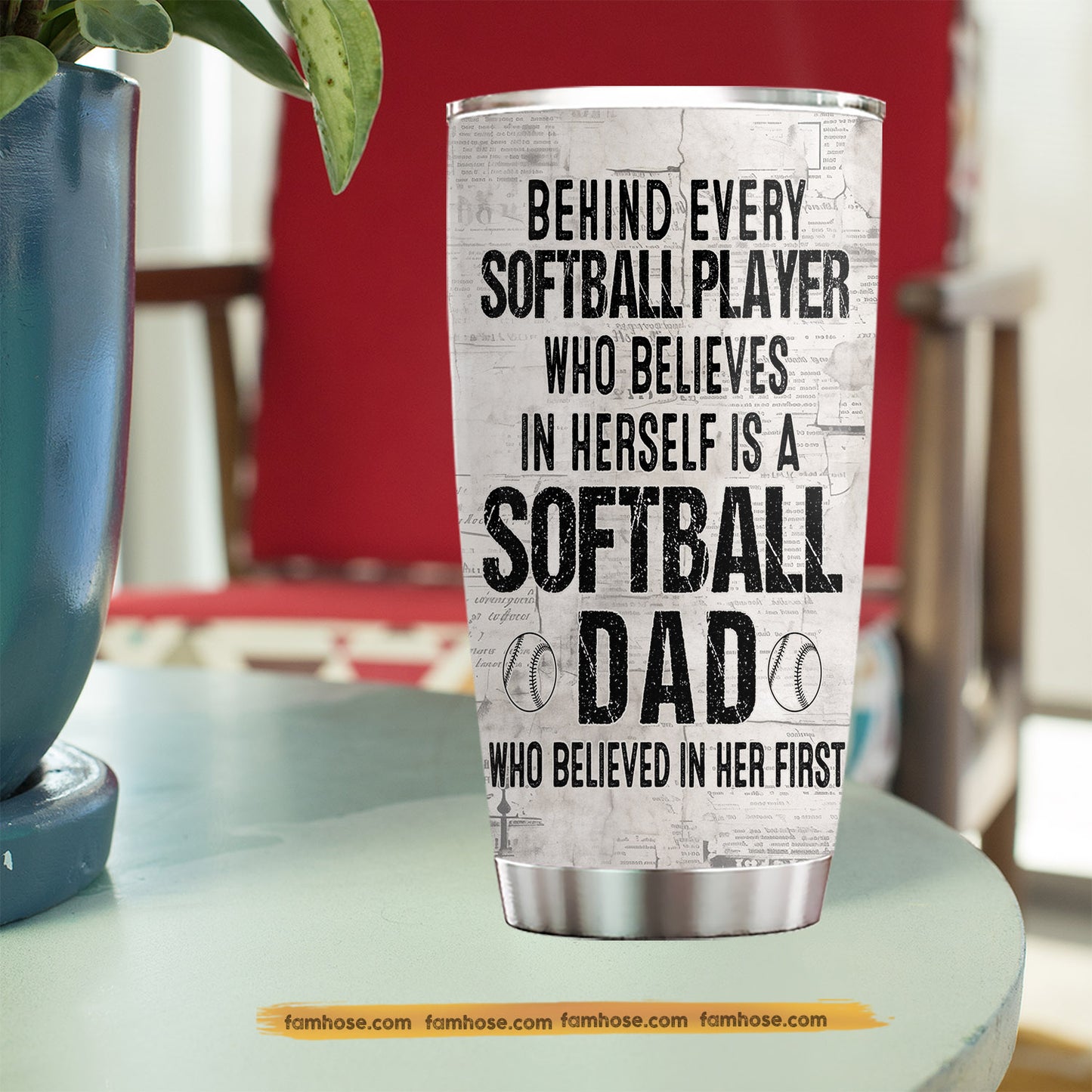 Personalized Softball Dad Daughter Tumbler, Behind Every Softball Player Sport Stainless Steel Tumbler, Travel Mug Tumblers Father's Day Gift For Softball Lover