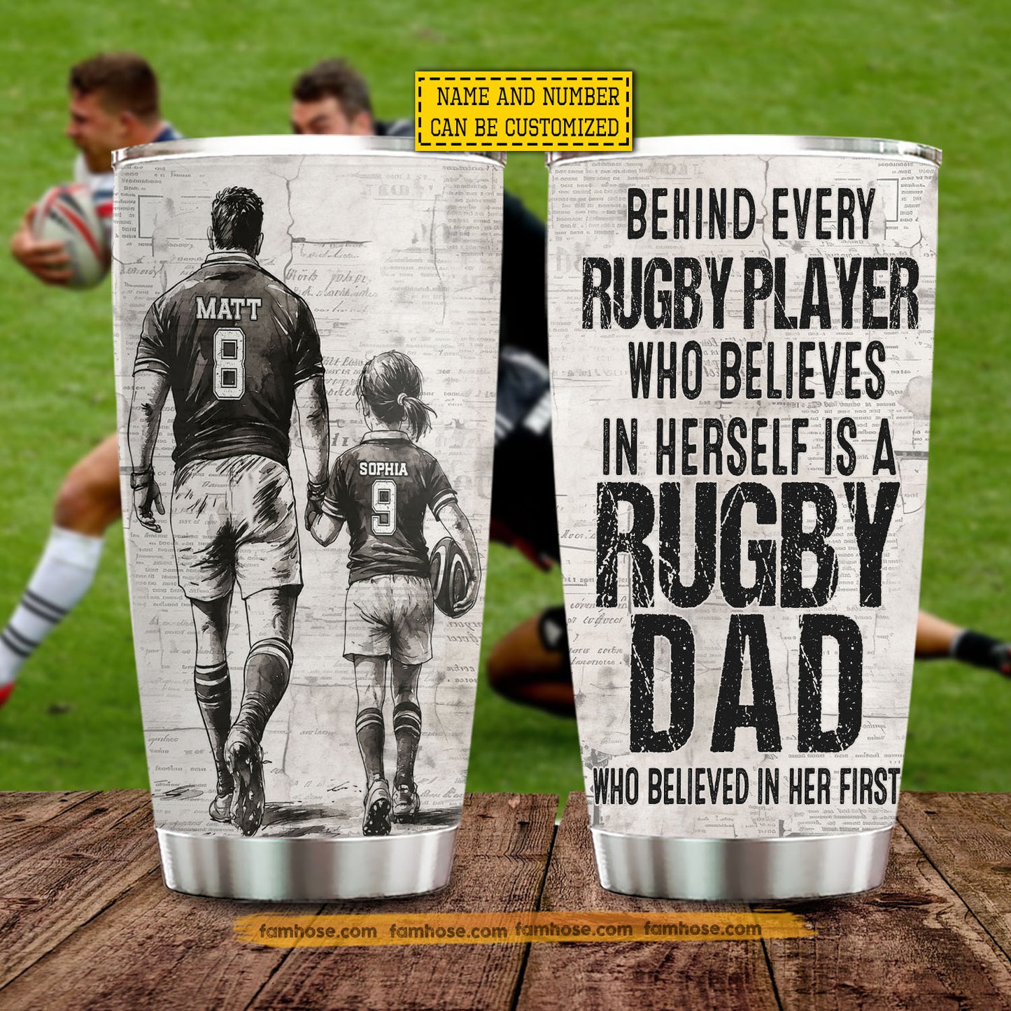 Personalized Rugby Dad Daughter Tumbler, Behind Every Rugby Player Sports Stainless Steel Tumbler, Travel Mug Tumblers Father's Day Gift For Rugby Lover