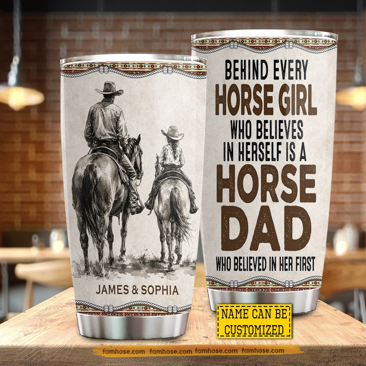 Personalized Cowboy & Cowgirl Dad Daughter Tumbler, Behind Every Horse Girl Stainless Steel Tumbler, Travel Mug Tumblers Father's Day Gift For Cowboy & Cowgirl Lover