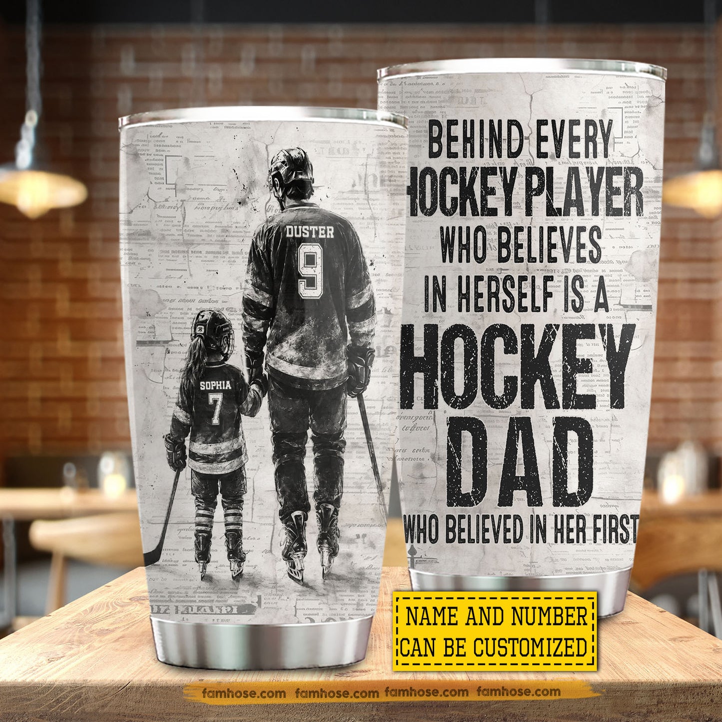 Personalized Hockey Dad Daughter Tumbler, Behind Every Hockey Player Sports Stainless Steel Tumbler, Travel Mug Tumblers Father's Day Gift For Hockey Lovers