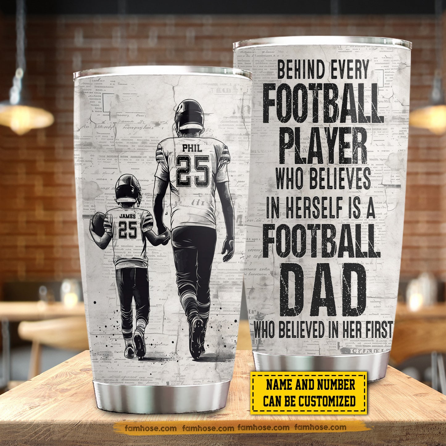 Personalized Football Dad Son Tumbler, Behind Every Football Player Sports Stainless Steel Tumbler, Travel Mug Tumblers Father's Day Gift For Football Lovers