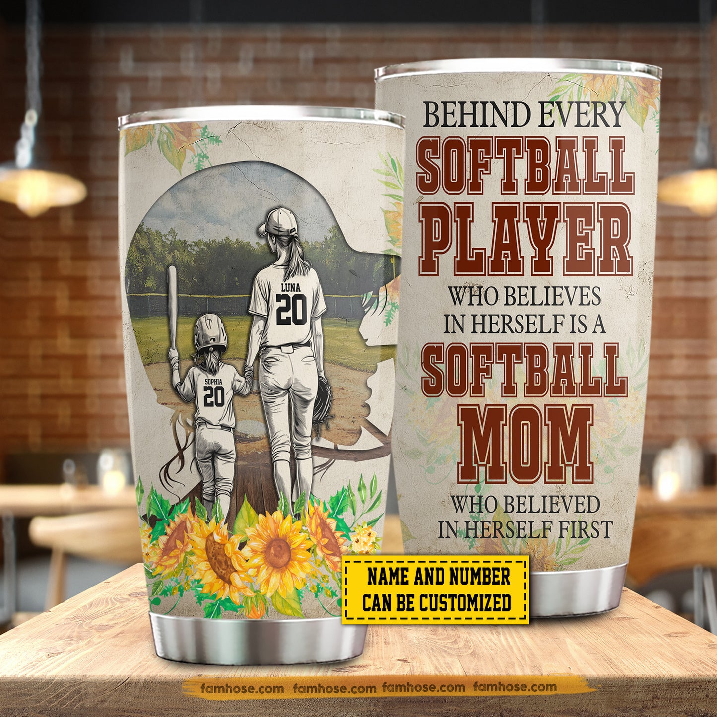 Personalized Softball Mom & Daughter Stainless Steel Tumbler, Behind Every Softball Player Sport Travel Mug Tumblers Mother's Day Gift For Mom From Softball Girl