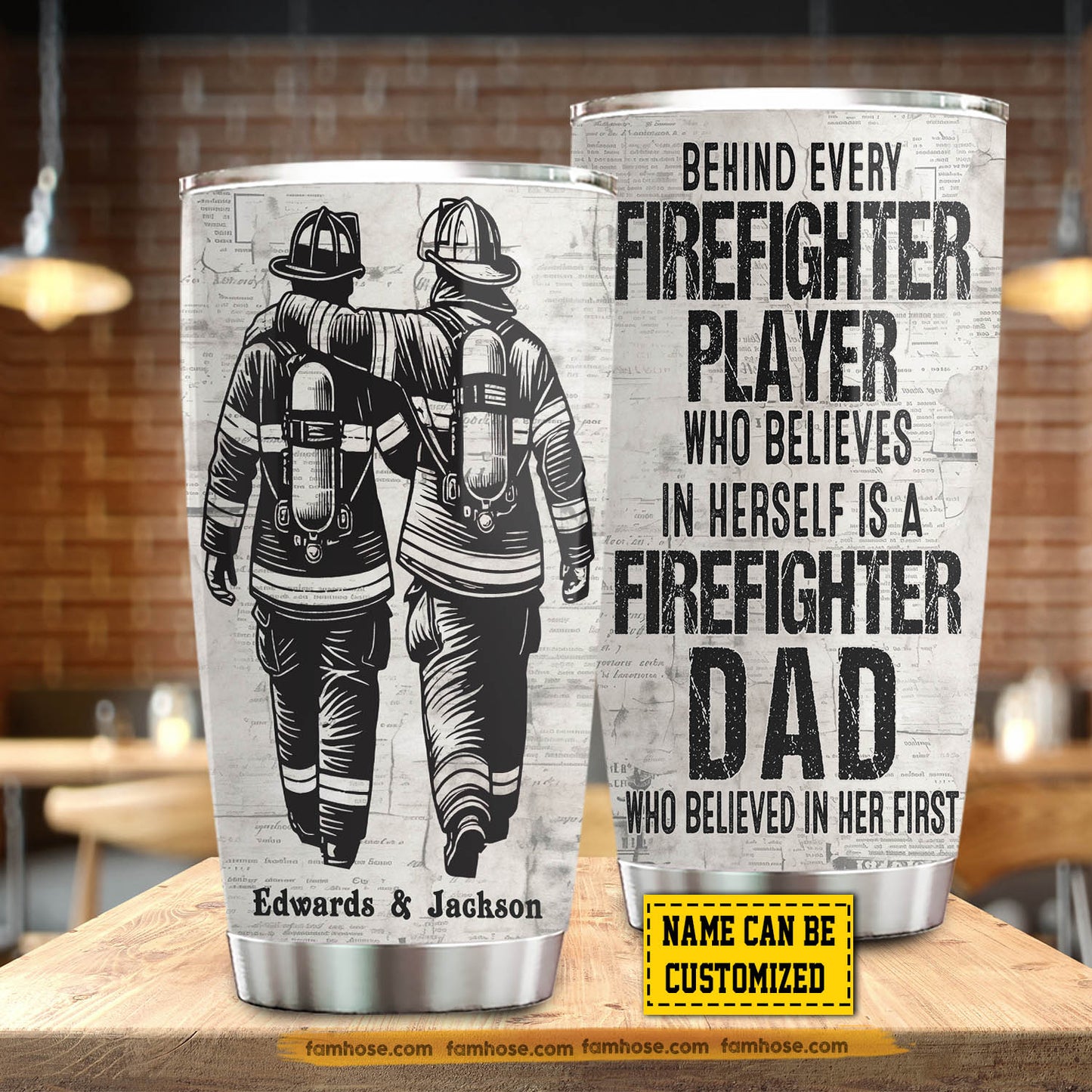 Personalized Firefighter Dad Son Tumbler, Behind Every Firefighter Player Stainless Steel Tumbler, Travel Mug Tumblers Father's Day Gift For Firefighter Lovers