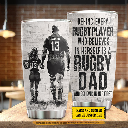Personalized Rugby Dad Daughter Tumbler, Behind Every Rugby Player Sports Stainless Steel Tumbler, Travel Mug Tumblers Gift For Rugby Lovers