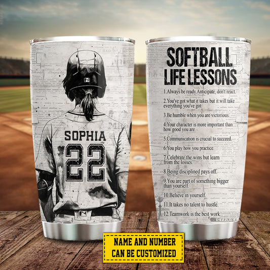 Personalized Softball Tumbler, Softball Life Lessons, Sports Stainless Steel Tumbler, Travel Mug Tumblers Gift For Softball Girl Lovers