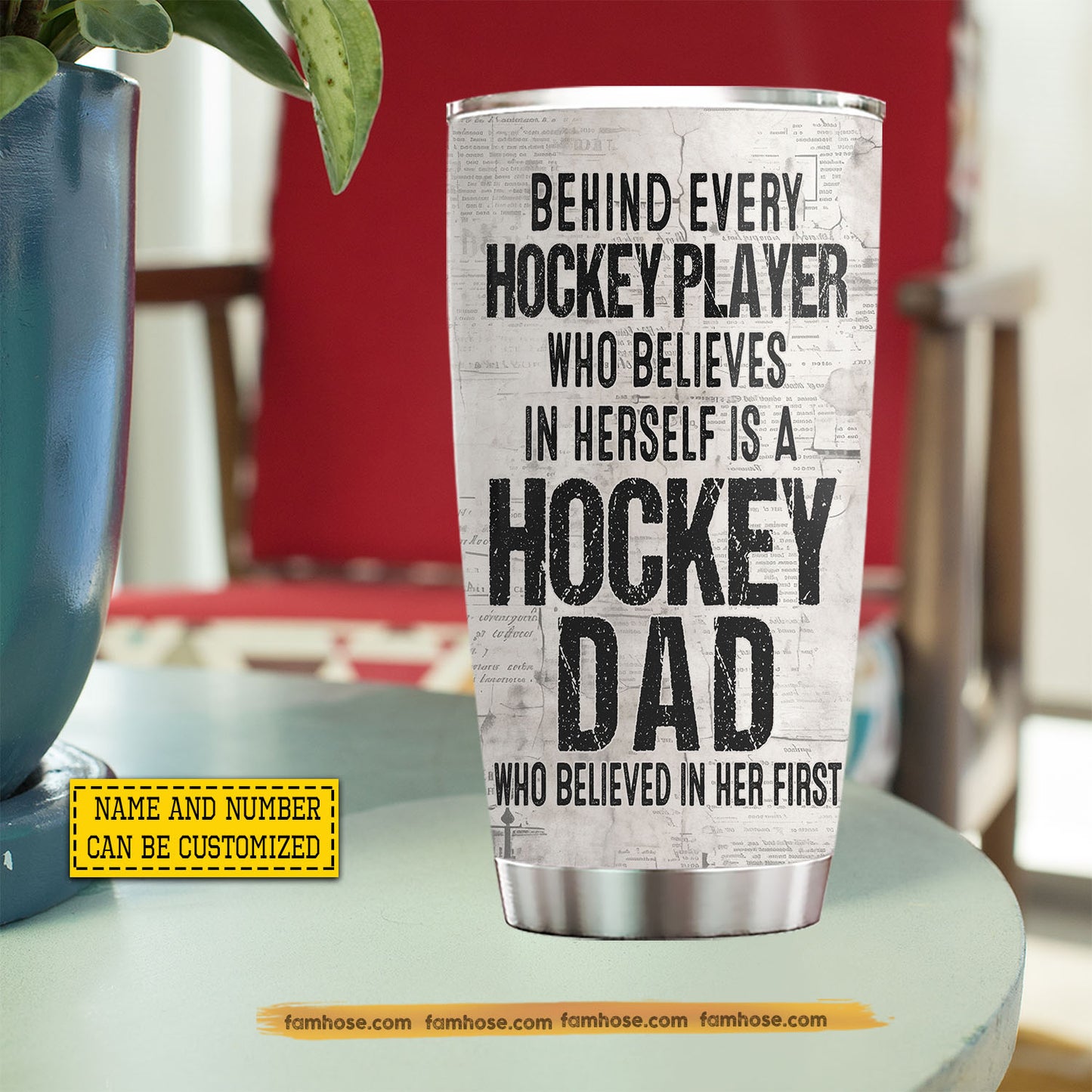 Personalized Hockey Dad Daughter Tumbler, Behind Every Hockey Player Sports Stainless Steel Tumbler, Travel Mug Tumblers Father's Day Gift For Hockey Lovers