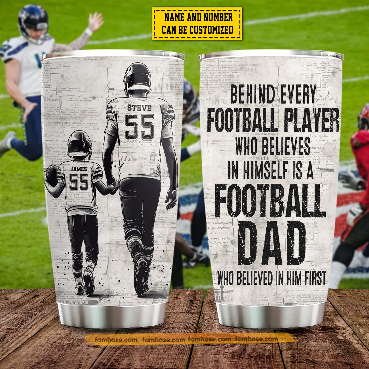 Personalized Football Dad Son Tumbler, Behind Every Football Player Sports Stainless Steel Tumbler, Travel Mug Tumblers Father's Day Gift For Football Lovers