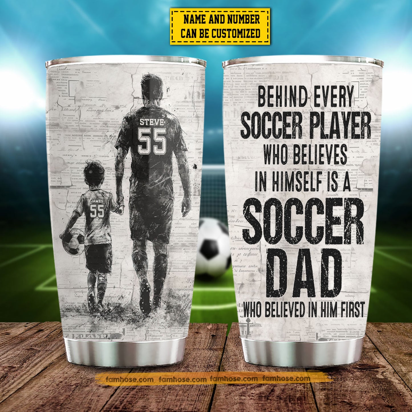 Personalized Soccer Dad Son Tumbler, Behind Every Soccer Player Sports Stainless Steel Tumbler, Travel Mug Tumblers Father's Day Gift For Soccer Lovers