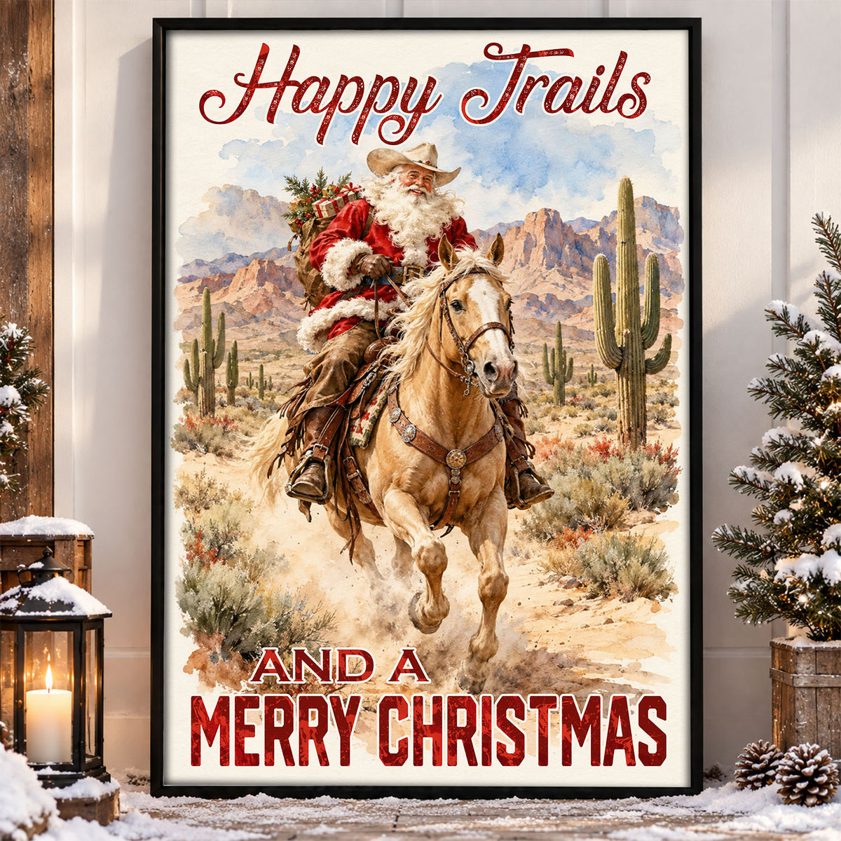 Christmas Trails Cowboy Quote Canvas Painting, Happy Trails And A Merry Christmas Wall Art Decor, Xmas Poster Gift For Cowboys