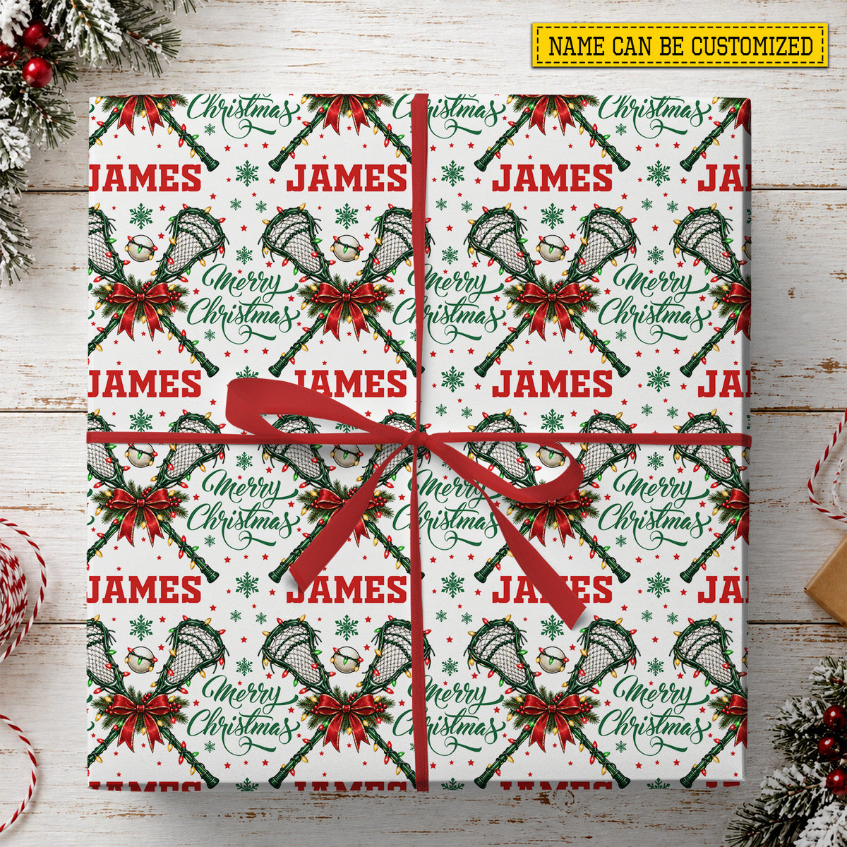 Personalized Christmas Lacrosse Wrapping Paper, Lacrosse Sticks And Holiday Bows Wrapping Paper Rolls, Xmas Gift Wrap For Lacrosse Lover