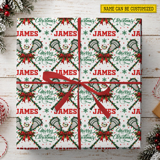 Personalized Christmas Lacrosse Wrapping Paper, Lacrosse Sticks And Holiday Bows Wrapping Paper Rolls, Xmas Gift Wrap For Lacrosse Lover