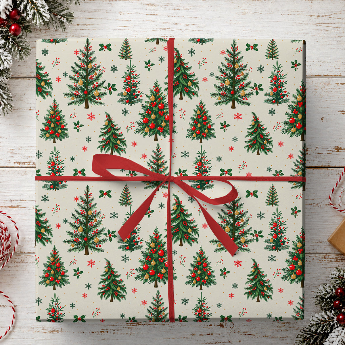 Vintage Christmas Tree Wrapping Paper, Classic Red And Green Evergreen Trees Wrapping Paper Rolls, Xmas Gift Wrap
