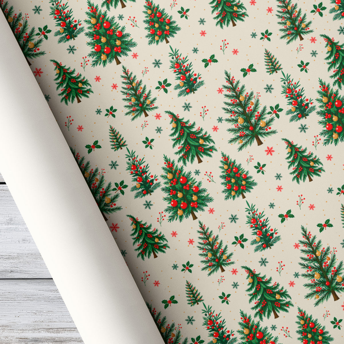 Vintage Christmas Tree Wrapping Paper, Classic Red And Green Evergreen Trees Wrapping Paper Rolls, Xmas Gift Wrap