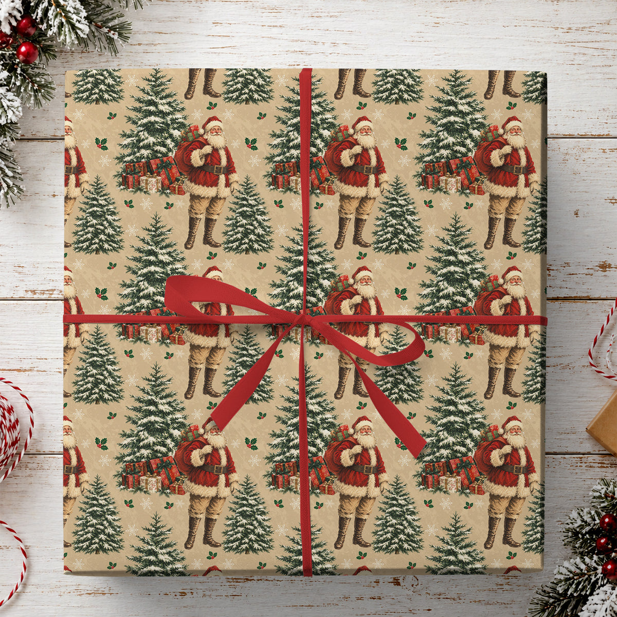 Vintage Santa Claus Wrapping Paper, Retro Christmas Tree Pattern Wrapping Paper Rolls, Xmas Gift Wrap