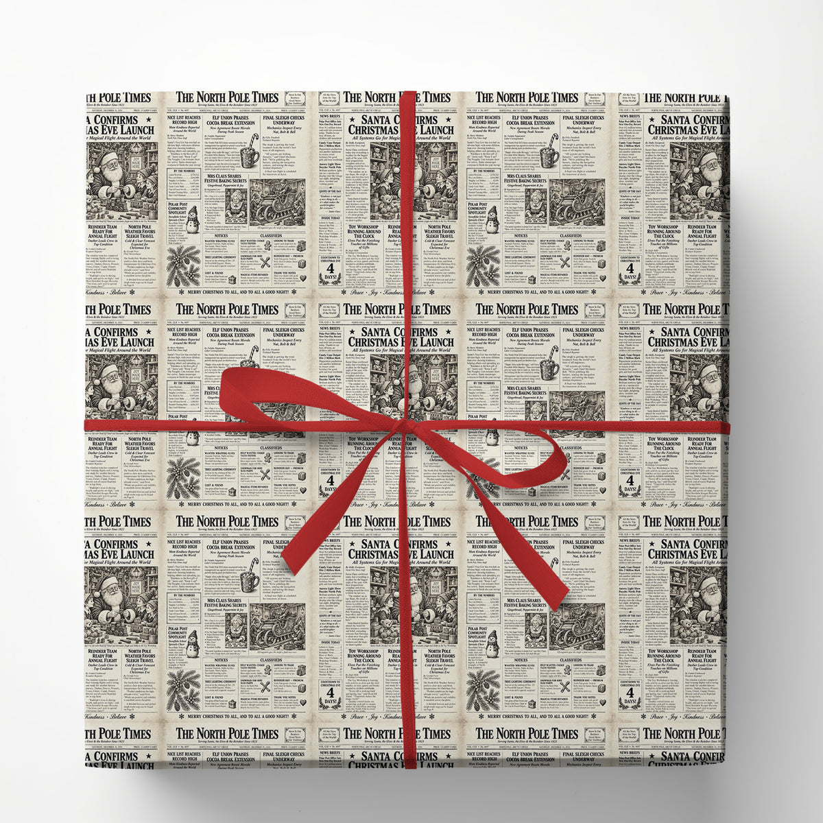 Vintage Christmas Newspaper Wrapping Paper, North Pole Times Santa Claus Newsprint Wrapping Paper Rolls, Xmas Gift Wrap
