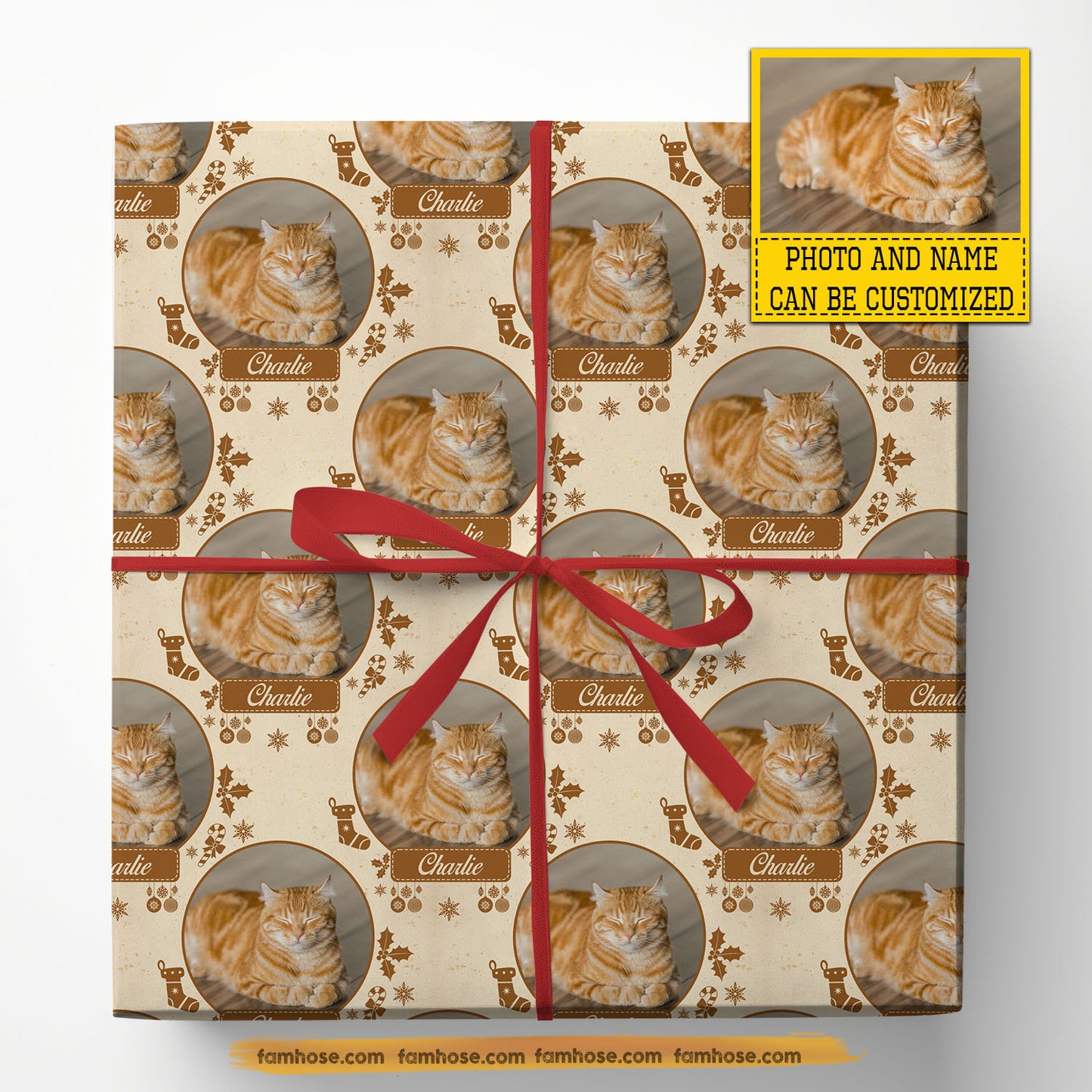 Personalized Christmas Cat Wrapping Paper, Sweet Cat Portrait Wrapping Paper Rolls, Xmas Gift Wrap For Cat Lover