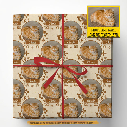 Personalized Christmas Cat Wrapping Paper, Sweet Cat Portrait Wrapping Paper Rolls, Xmas Gift Wrap For Cat Lover