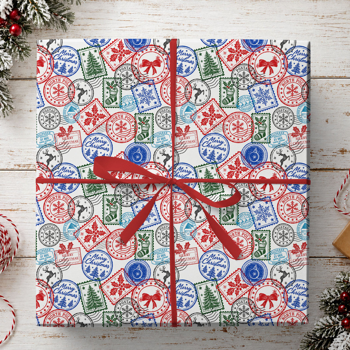 Vintage Christmas Stamps Wrapping Paper, North Pole Postage Stamp Pattern Wrapping Paper Rolls, Xmas Gift Wrap For Stamp Lover