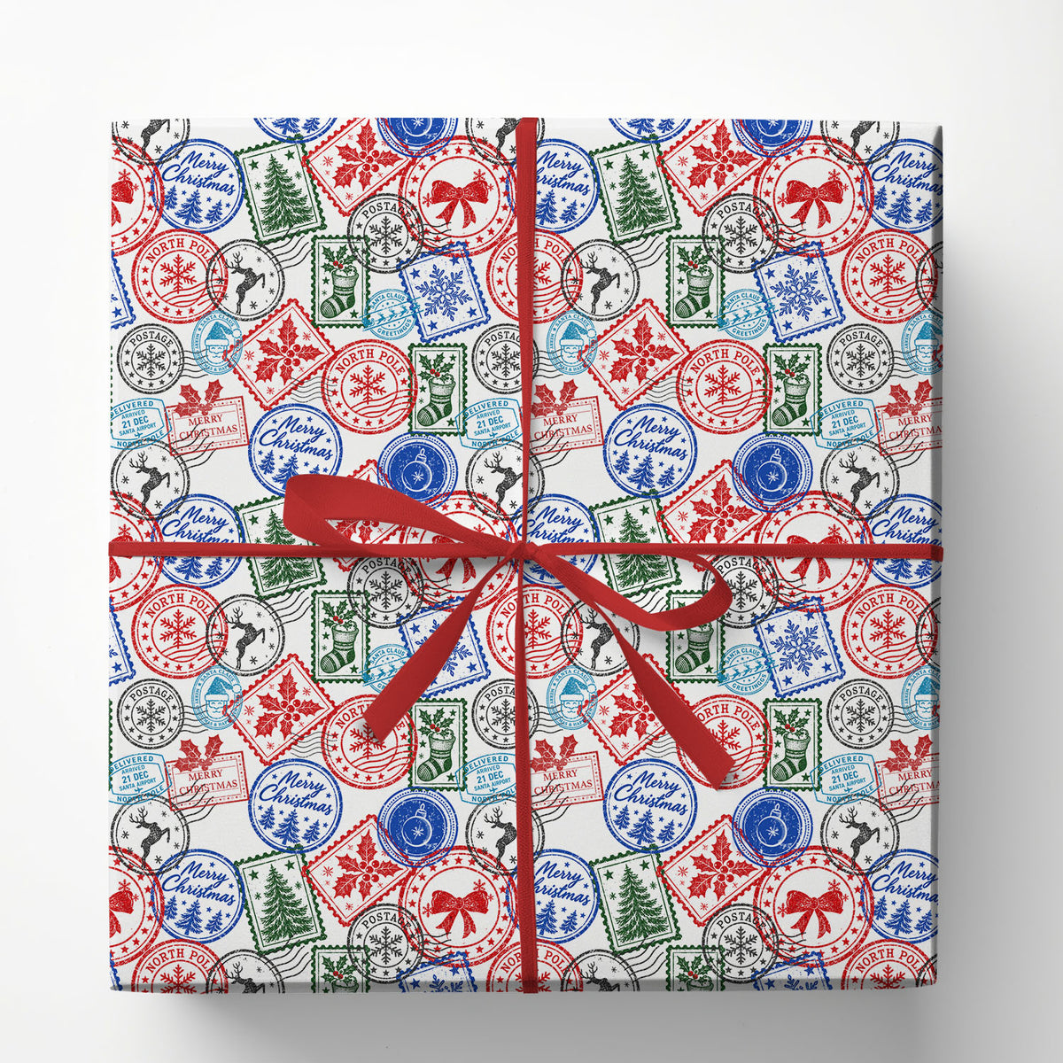 Vintage Christmas Stamps Wrapping Paper, North Pole Postage Stamp Pattern Wrapping Paper Rolls, Xmas Gift Wrap For Stamp Lover