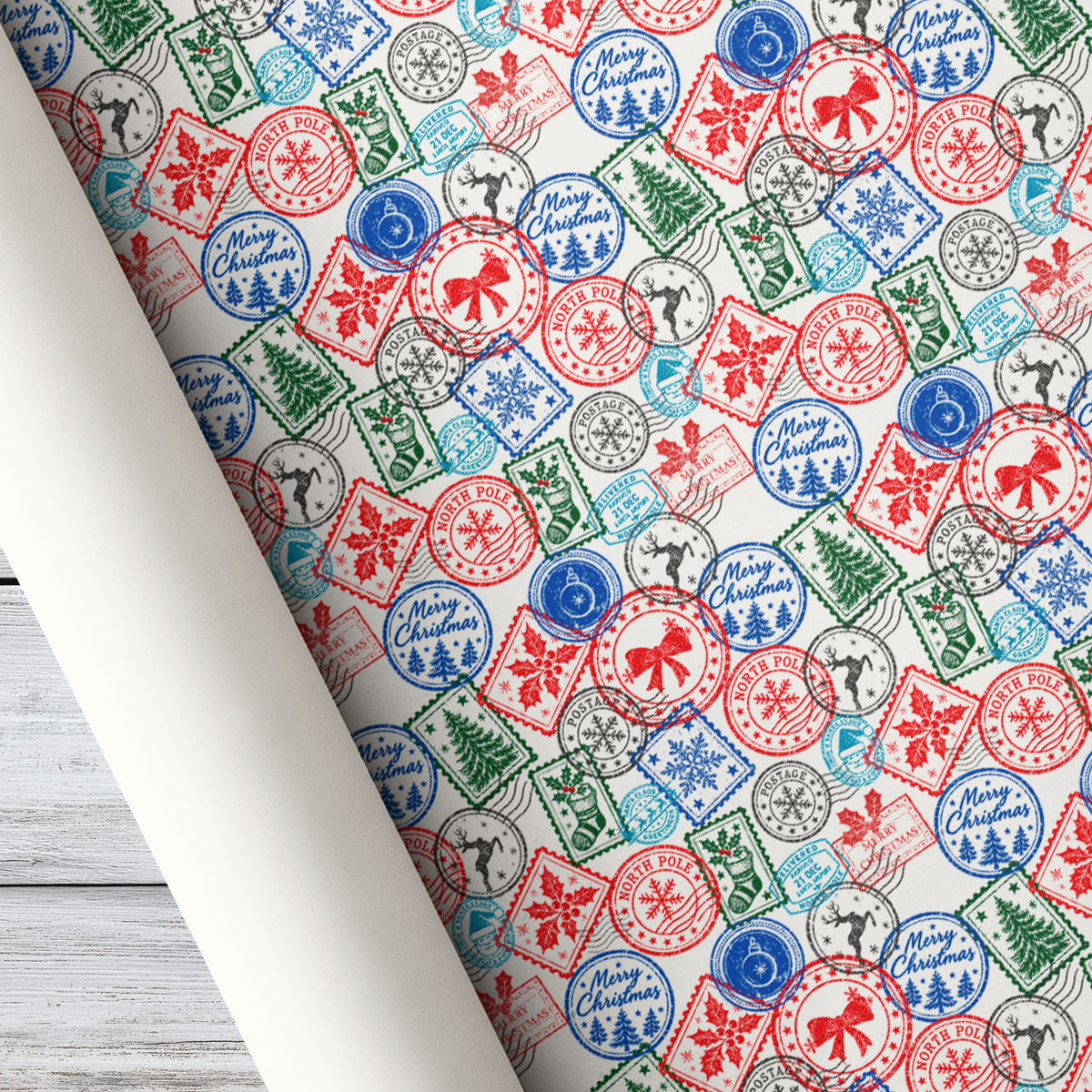 Vintage Christmas Stamps Wrapping Paper, North Pole Postage Stamp Pattern Wrapping Paper Rolls, Xmas Gift Wrap For Stamp Lover