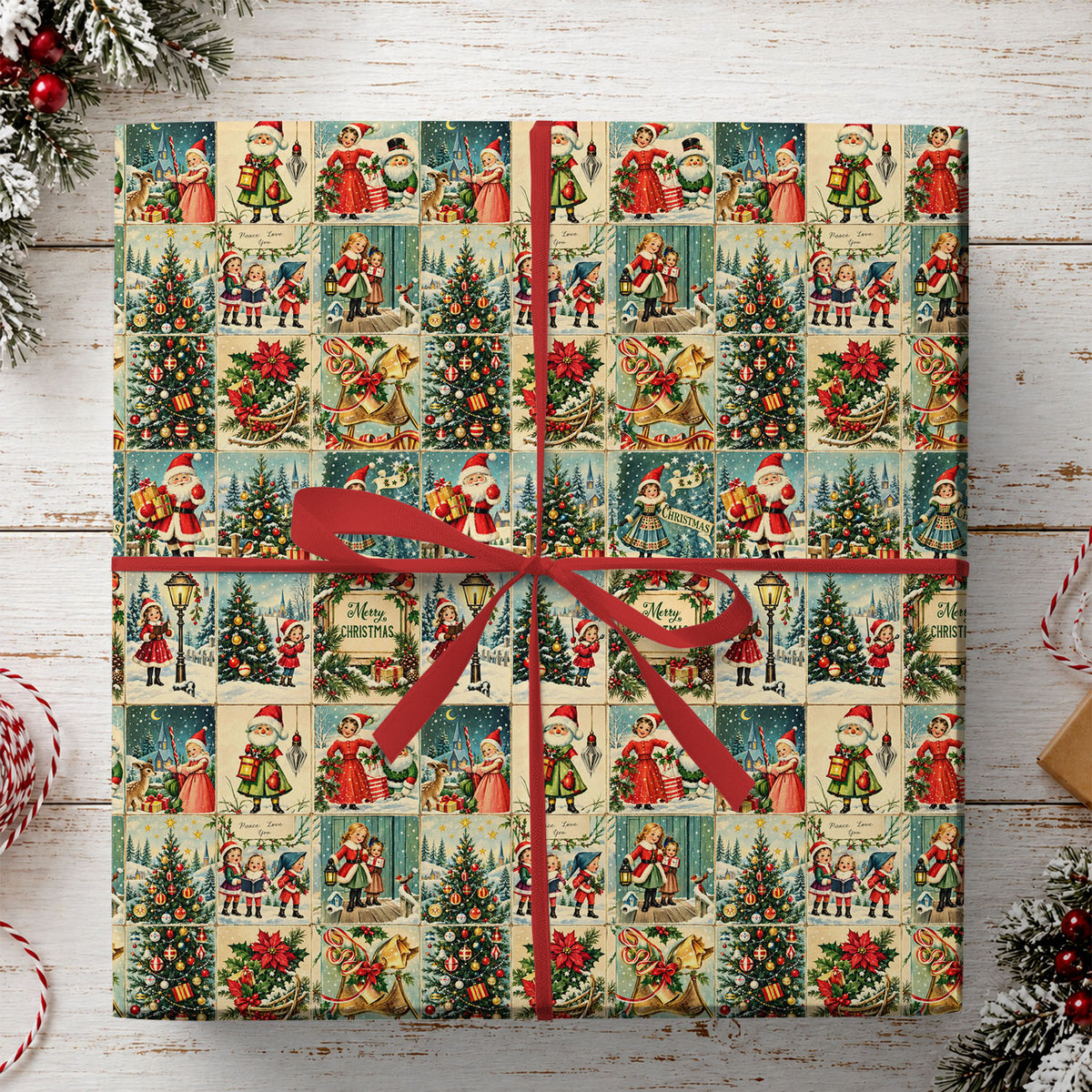 Vintage Christmas Wrapping Paper Wrapping Paper, Retro Christmas Postcard Collage Wrapping Paper Rolls, Xmas Gift Wrap