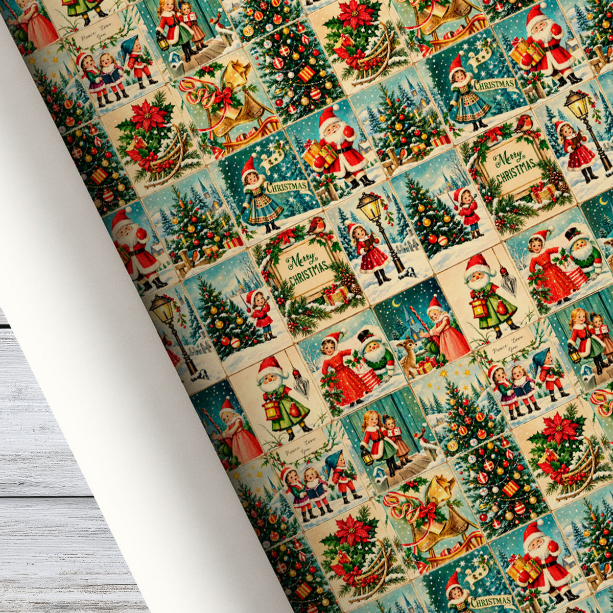 Vintage Christmas Wrapping Paper Wrapping Paper, Retro Christmas Postcard Collage Wrapping Paper Rolls, Xmas Gift Wrap