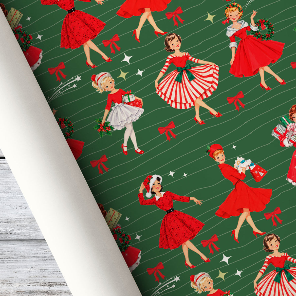 The 1950s Retro Vintage Christmas Wrapping Paper Wrapping Paper, Red Pin Up Girls Wrapping Paper Rolls, Xmas Gift Wrap