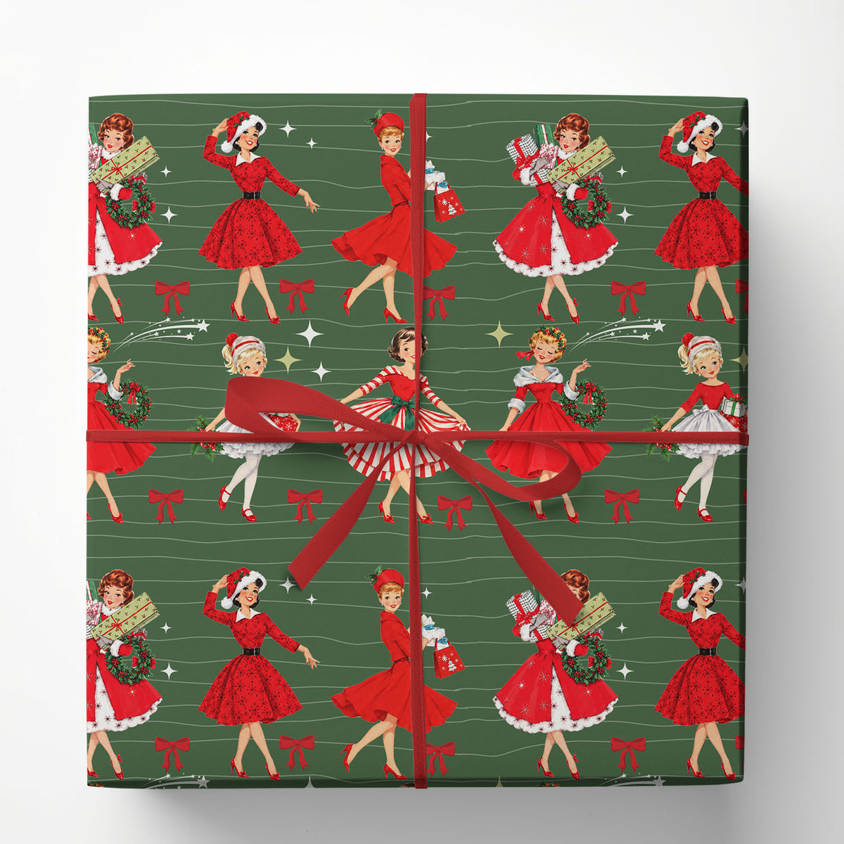 The 1950s Retro Vintage Christmas Wrapping Paper Wrapping Paper, Red Pin Up Girls Wrapping Paper Rolls, Xmas Gift Wrap