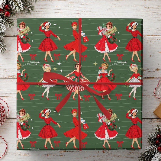 The 1950s Retro Vintage Christmas Wrapping Paper Wrapping Paper, Red Pin Up Girls Wrapping Paper Rolls, Xmas Gift Wrap