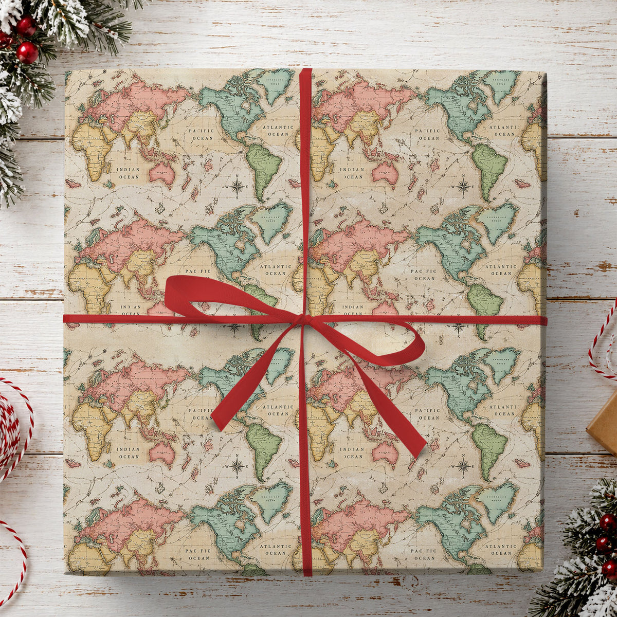 Vintage World Map Wrapping Paper, Antique Atlas Cartography Design Wrapping Paper Rolls, Gift Wrap For Travelers & Adventure Lovers