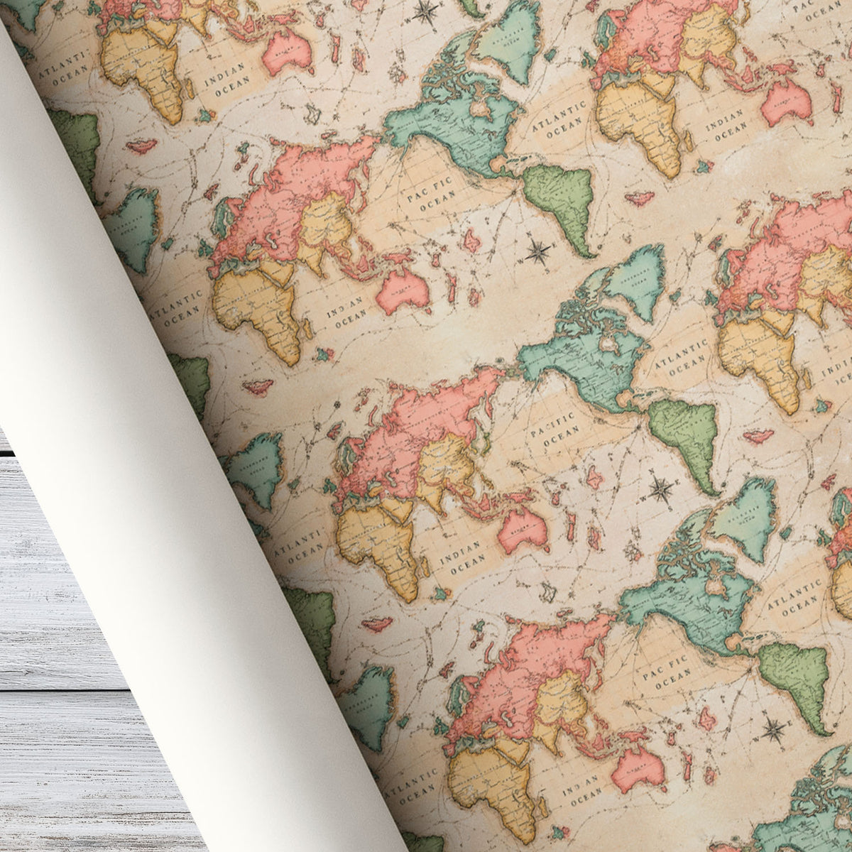 Vintage World Map Wrapping Paper, Antique Atlas Cartography Design Wrapping Paper Rolls, Gift Wrap For Travelers & Adventure Lovers