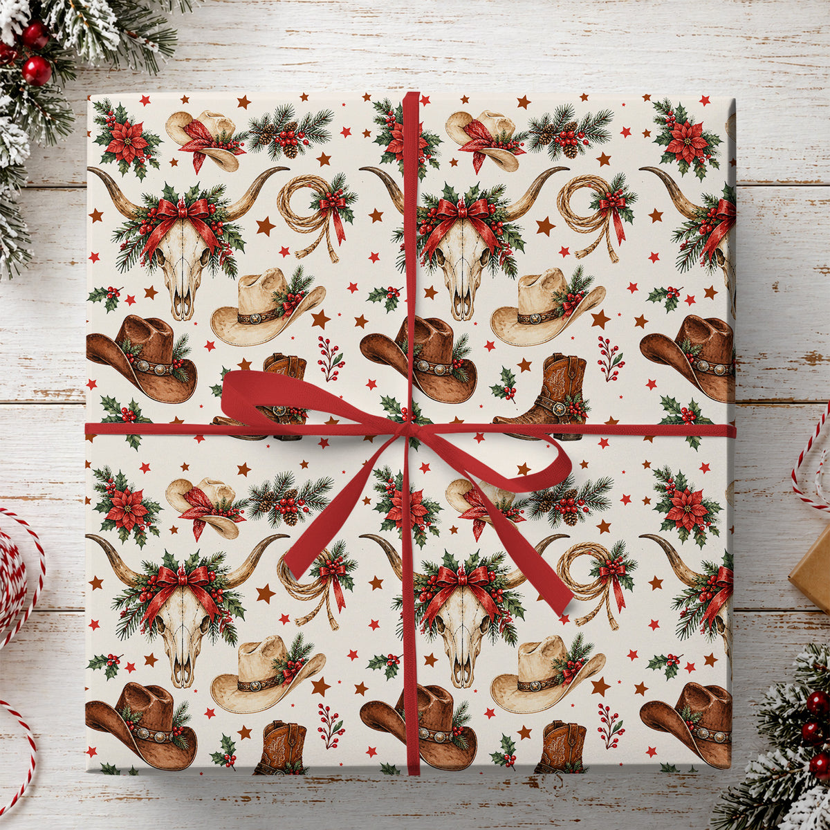 Vintage Western Christmas Cowboy Wrapping Paper, Cowboy Hat & Longhorn Skull Wrapping Paper Rolls, Xmas Gift Wrap For Cowboys