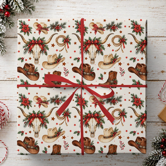 Vintage Western Christmas Cowboy Wrapping Paper, Cowboy Hat & Longhorn Skull Wrapping Paper Rolls, Xmas Gift Wrap For Cowboys
