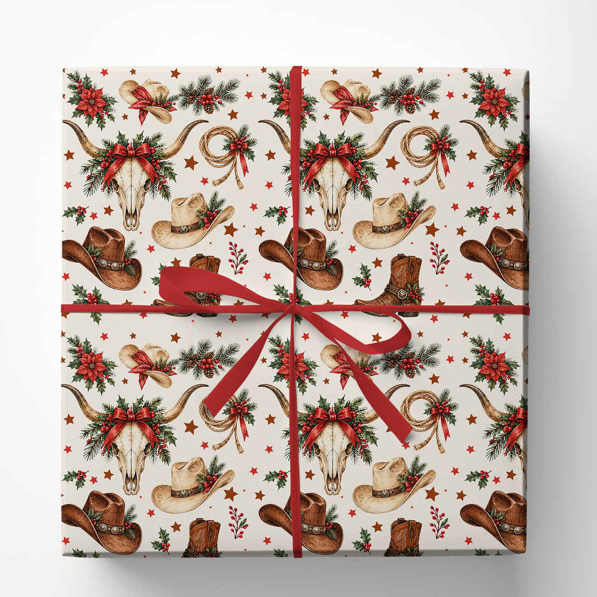 Vintage Western Christmas Cowboy Wrapping Paper, Cowboy Hat & Longhorn Skull Wrapping Paper Rolls, Xmas Gift Wrap For Cowboys