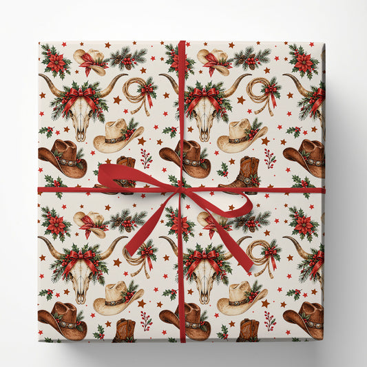 Vintage Western Christmas Cowboy Wrapping Paper, Cowboy Hat & Longhorn Skull Wrapping Paper Rolls, Xmas Gift Wrap For Cowboys