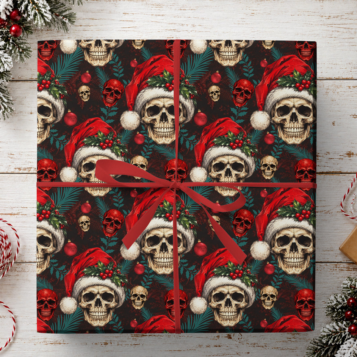 Christmas Skull Wrapping Paper, Skeleton Santa Hat Pattern Wrapping Paper Rolls, Xmas Gift Wrap For Skeleton Lover