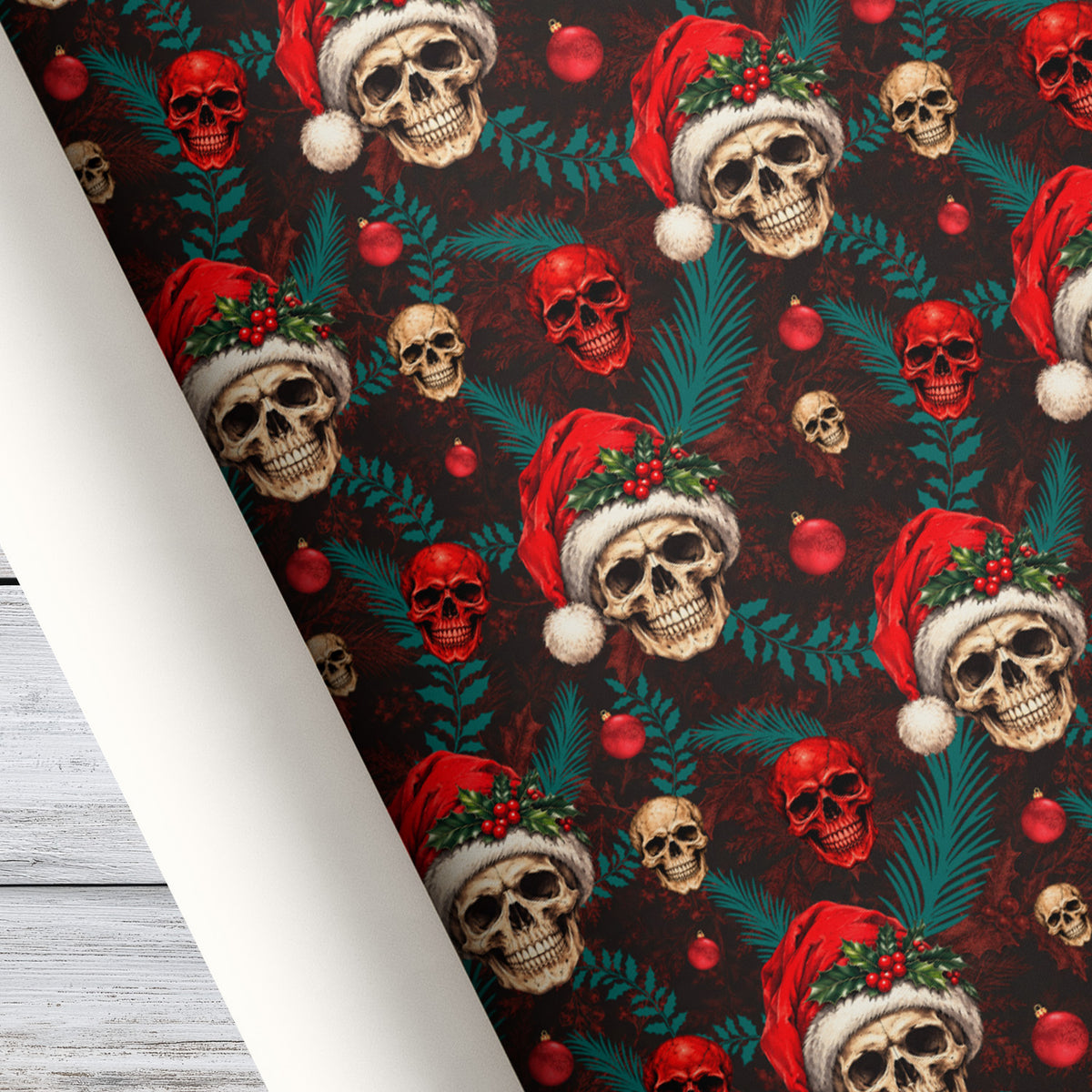 Christmas Skull Wrapping Paper, Skeleton Santa Hat Pattern Wrapping Paper Rolls, Xmas Gift Wrap For Skeleton Lover