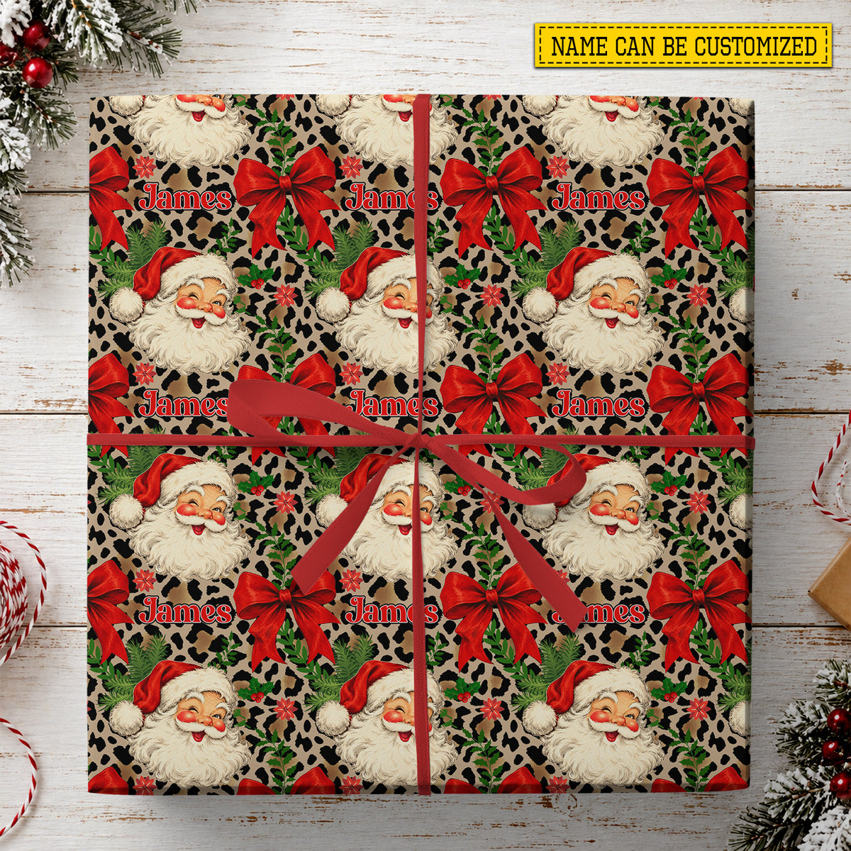 Vintage Personalized Leopard Santa With Red Bow Wrapping Paper, Wild About Christmas Wrapping Paper Rolls, Xmas Gift Wrap