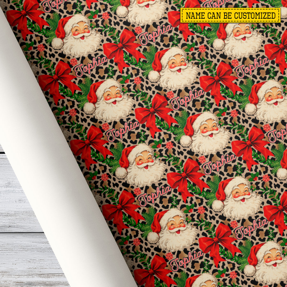 Vintage Personalized Leopard Santa With Red Bow Wrapping Paper, Wild About Christmas Wrapping Paper Rolls, Xmas Gift Wrap
