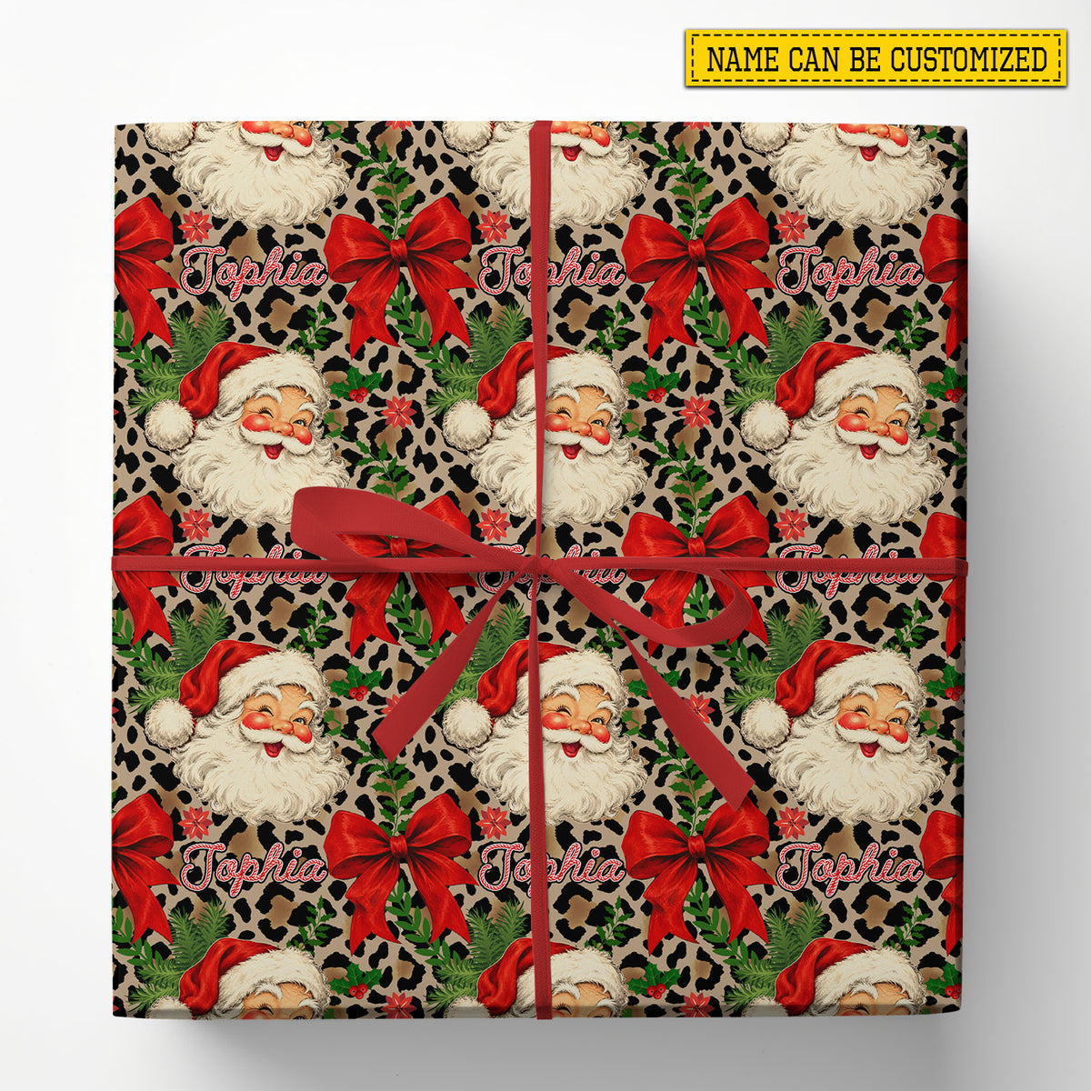 Vintage Personalized Leopard Santa With Red Bow Wrapping Paper, Wild About Christmas Wrapping Paper Rolls, Xmas Gift Wrap