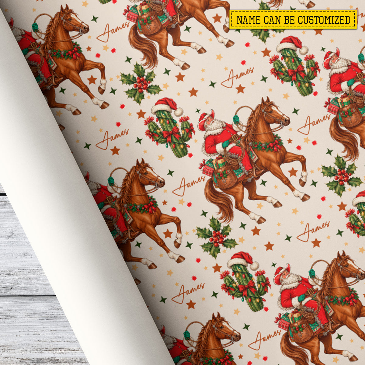 Personalized Western Christmas Cowboy Wrapping Paper, Cowboy Santa Riding Horse Wrapping Paper Rolls, Xmas Gift Wrap For Cowboys