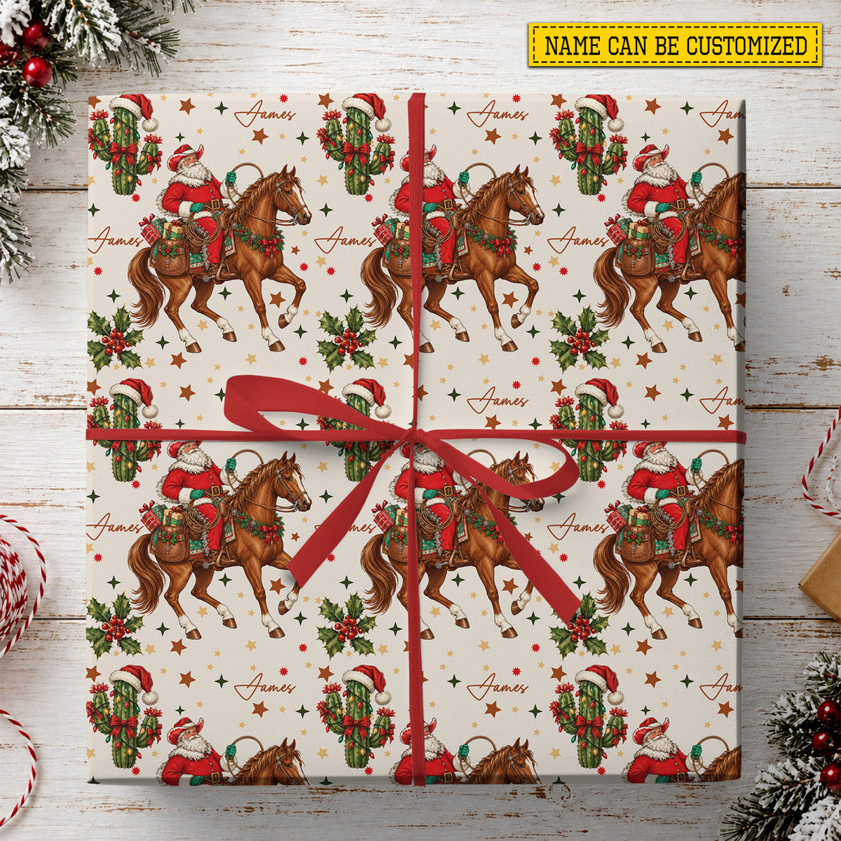 Personalized Western Christmas Cowboy Wrapping Paper, Cowboy Santa Riding Horse Wrapping Paper Rolls, Xmas Gift Wrap For Cowboys