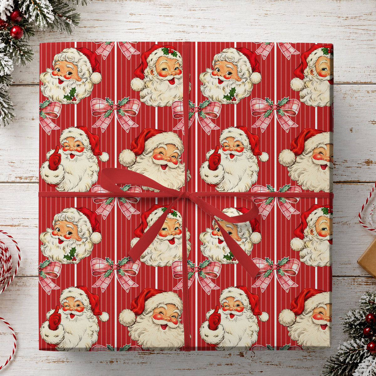 Vintage Christmas Santa Wrapping Paper, Retro Santa Claus Faces & Pink Bows Wrapping Paper Rolls, Xmas Gift Wrap
