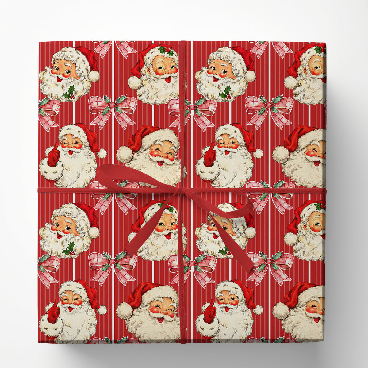 Vintage Christmas Santa Wrapping Paper, Retro Santa Claus Faces & Pink Bows Wrapping Paper Rolls, Xmas Gift Wrap