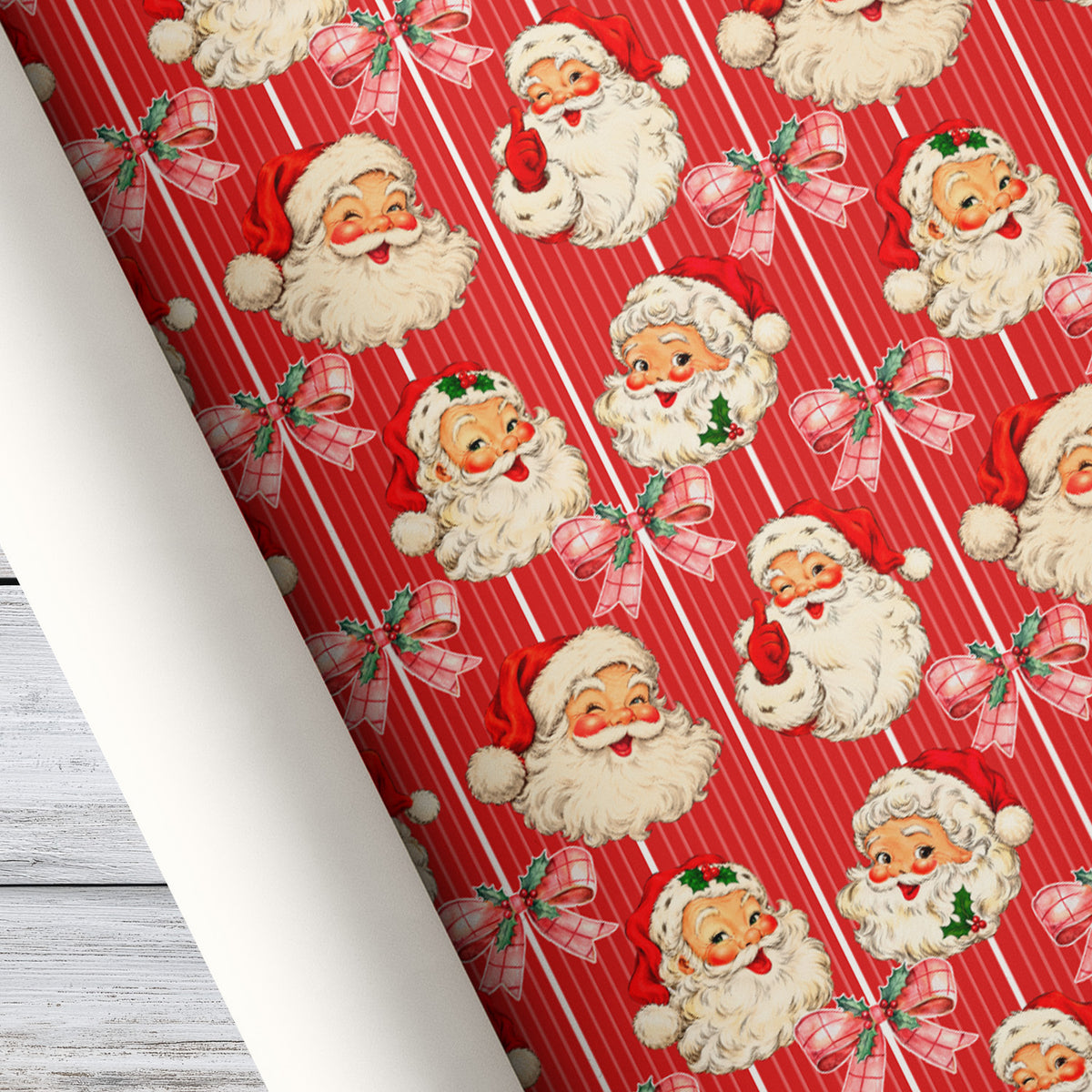 Vintage Christmas Santa Wrapping Paper, Retro Santa Claus Faces & Pink Bows Wrapping Paper Rolls, Xmas Gift Wrap
