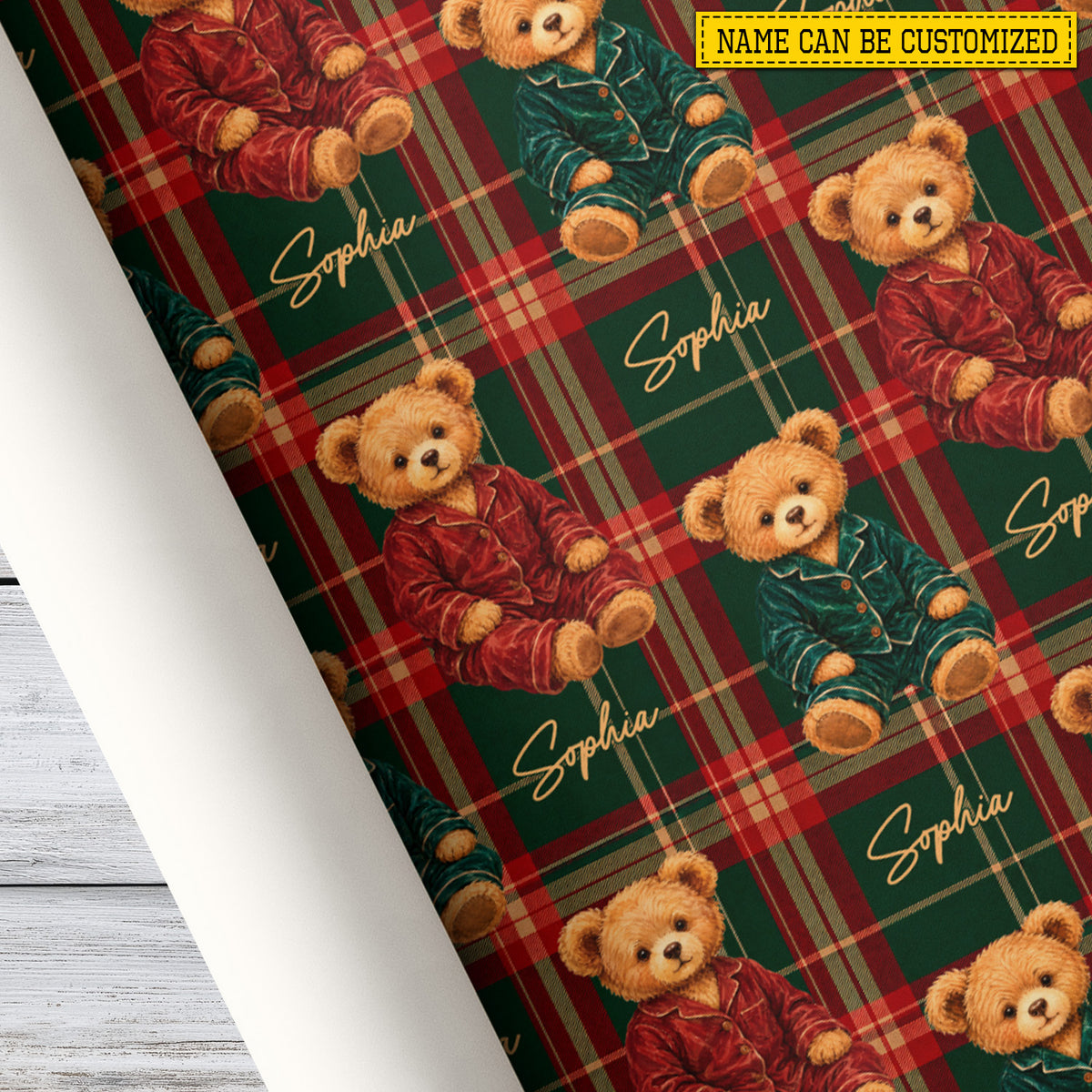Vintage Personalized Teddy Bear Wrapping Paper, Teddy Bears In Velvet Pajamas Wrapping Paper Rolls, Gift Wrap For Teddy Bear Lover